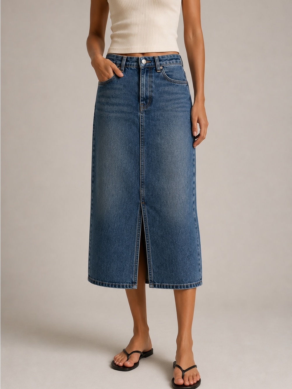 Women’s S Blue Denim Maxi Skirt High Waist Front Slit Long Jean Skirt Y2K Summer